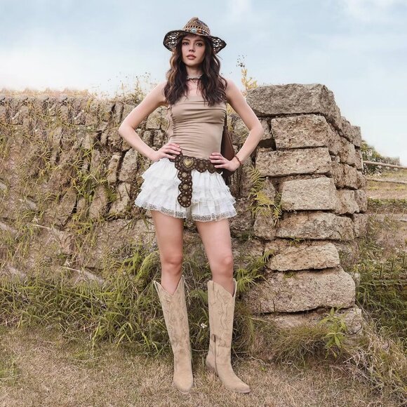 Women's Tan Knee High Cowgirl Tall Boots with Side Zipper Snip Toe Comfortable - Picture 2 of 6